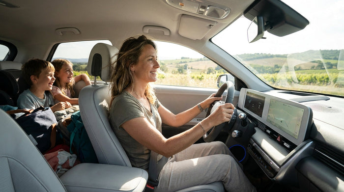 Femme souriante en voyage tenant le flacon de Probiotique Liquide Vitamoon, illustrant le confort digestif quel que soit le mode de transport