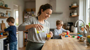 Une femme assise à sa table de cuisine, l'air épuisé avec la main sur la joue, dans un intérieur familial avec des jouets d'enfants et de la vaisselle en arrière-plan.