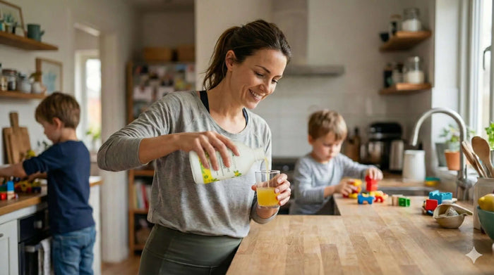Une femme assise à sa table de cuisine, l'air épuisé avec la main sur la joue, dans un intérieur familial avec des jouets d'enfants et de la vaisselle en arrière-plan.