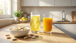 Comparaison visuelle des formats de compléments alimentaires : une coupelle de comprimés, un verre de vitamine effervescente pétillante et un verre de vitamines liquides dans une cuisine moderne et lumineuse.