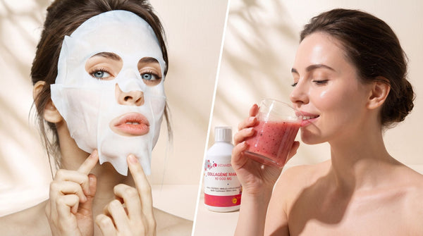 Comparaison masque au collagène en tissu et cure de Collagène Marin Liquide Vitamoon à boire au quotidien
