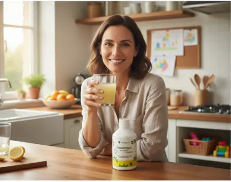 Maman de 40 ans souriante dans sa cuisine familiale, buvant son rituel probiotique Vitamoon dans un jus de citron pour un ventre léger.