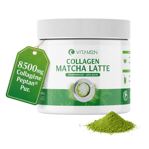 Pot de Collagène Matcha Latte Vitamoon 200g avec poudre de matcha bio, 8500mg de collagène hydrolysé PEPTAN® sans sucre