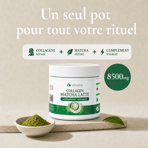 Pot unique Collagène Matcha Latte Vitamoon 8500mg remplaçant collagène, matcha et complément énergie séparés, formule 2 ingrédients ultra-clean