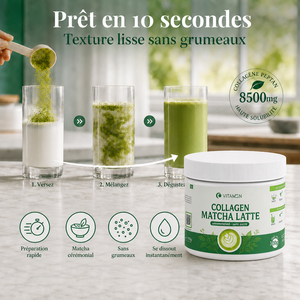 Préparation du Collagène Matcha Latte Vitamoon en 3 étapes en 10 secondes : verser, mélanger, déguster. Dissolution instantanée sans grumeaux