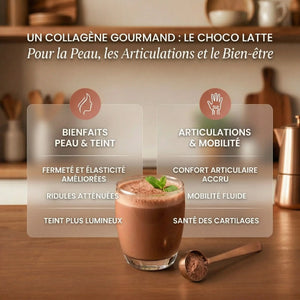 Infographie présentant les bienfaits du collagène Choco Latte sur la peau (fermeté, éclat) et les articulations (mobilité, confort). L'image montre un verre de boisson au chocolat et une cuillère de poudre de collagène dans une cuisine.