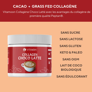 Pot de Collagène Choco Latte Vitamoon avec cacao et collagène grass-fed Peptan®, sans sucre, sans lactose, sans gluten, compatible régime keto et paléo.