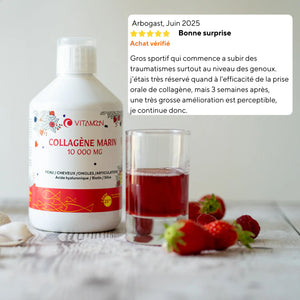 Avis client sur le Collagène Marin Liquide 10 000 mg Vitamoon, mélangé dans un verre avec des fraises fraîches.