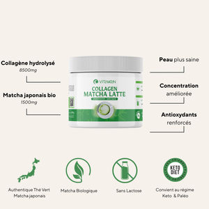Composition du Collagène Matcha Latte Vitamoon avec collagène hydrolysé et matcha japonais bio, illustrant les bénéfices pour la peau, la concentration et les antioxydants.