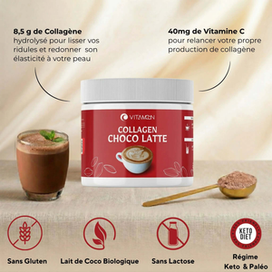 Composition du Collagen Choco Latte Vitamoon : contient 8,5g de collagène hydrolysé et 40mg de vitamine C. Produit formulé au lait de coco biologique, certifié sans gluten, sans lactose, et compatible avec les régimes Keto et Paléo.