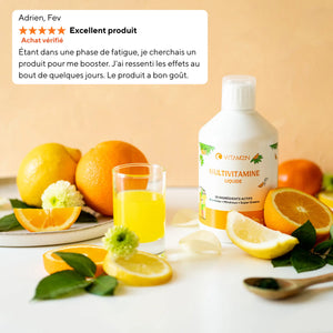 Avis client sur la Multivitamine Liquide Vitamoon avec vitamine C, orange et citron, décrivant une réduction de la fatigue et un regain d’énergie.