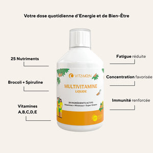Composition de la Multivitamine Liquide Vitamoon avec 25 nutriments, vitamines A à E, brocoli et spiruline, illustrant les bénéfices sur l’énergie, la concentration et l’immunité.