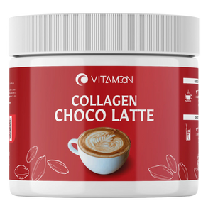 Pot de Collagène Choco Latte de la marque Vitamoon. Complément alimentaire au collagène avec une étiquette rouge illustrée d'une tasse de chocolat et de fèves de cacao.