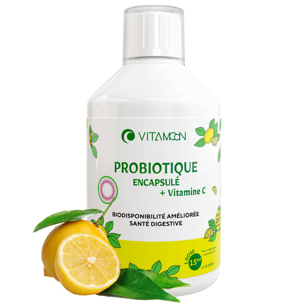 outeille de Probiotique Encapsulé Vitamoon avec vitamine C, illustrée avec des citrons, favorisant la santé digestive et une meilleure biodisponibilité.