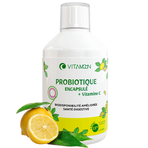 Bouteille de Probiotique Encapsulé Vitamoon avec vitamine C, illustrée avec des citrons, favorisant la santé digestive et une meilleure biodisponibilité.