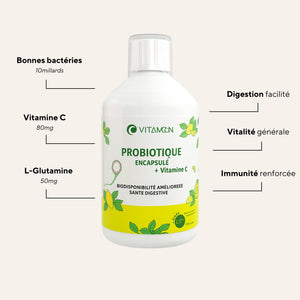 Composition du Probiotique Encapsulé Vitamoon avec vitamine C, L-glutamine et 10 milliards de bonnes bactéries, illustrant les bénéfices sur la digestion, la vitalité et l’immunité.
