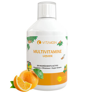 Vitamoon Multivitamine liquide avec 28 ingrédients actifs, vitamines, minéraux et super greens pour énergie et immunité