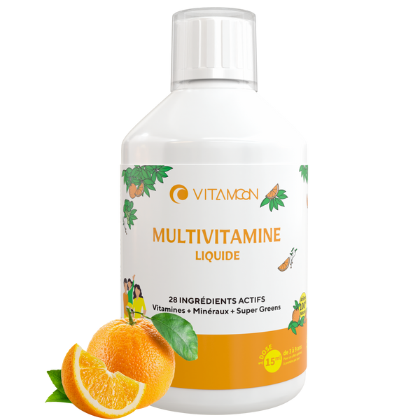 Vitamoon Multivitamine liquide avec 28 ingrédients actifs, vitamines, minéraux et super greens pour énergie et immunité